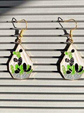 Gold Green Cactus Terrarium Drop Earrings